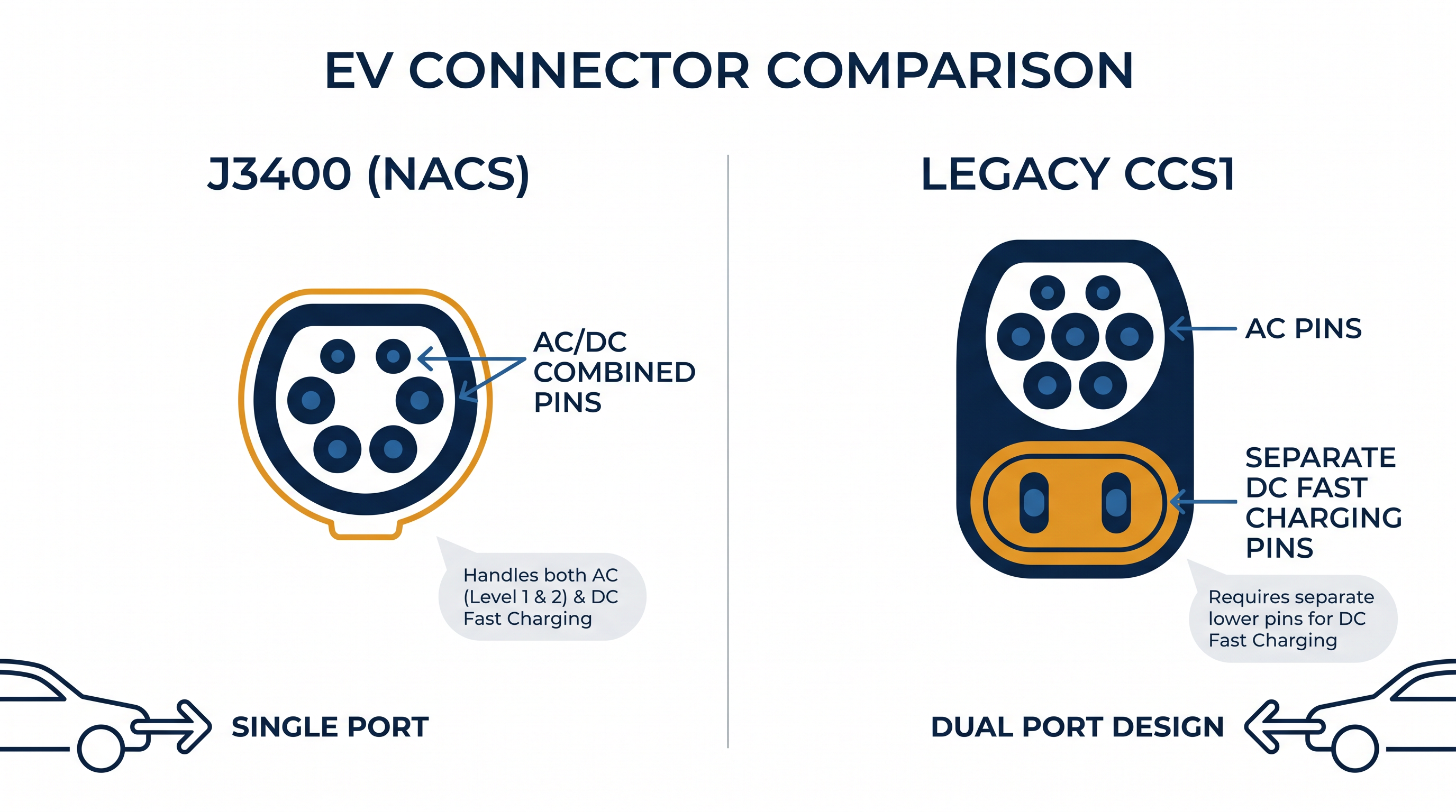 Unlike the bulky CCS1 standard, the J3400 connector utilizes a shared-pin architecture to handle both AC and DC charging in a single compact plug.