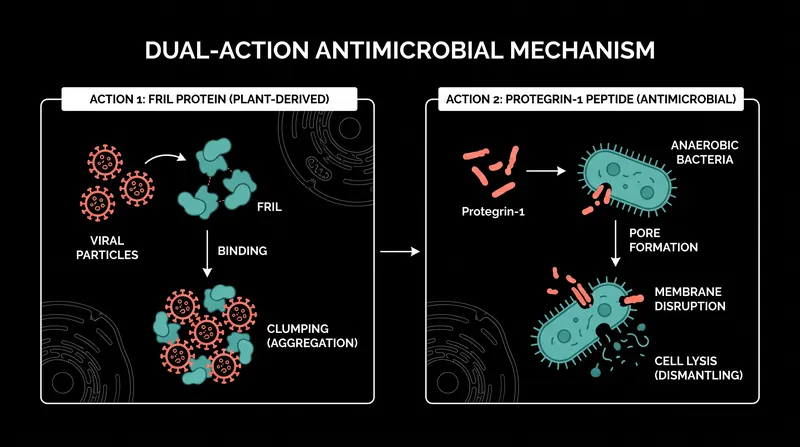 The gum utilizes FRIL proteins to aggregate viruses and protegrin-1 peptides to eliminate cancer-promoting bacteria.