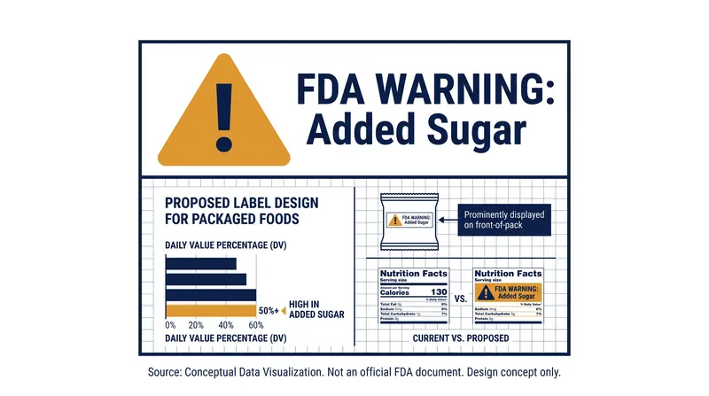 The bill prescribes specific 'tobacco-style' warning text and symbols for products high in sugar or artificial sweeteners.
