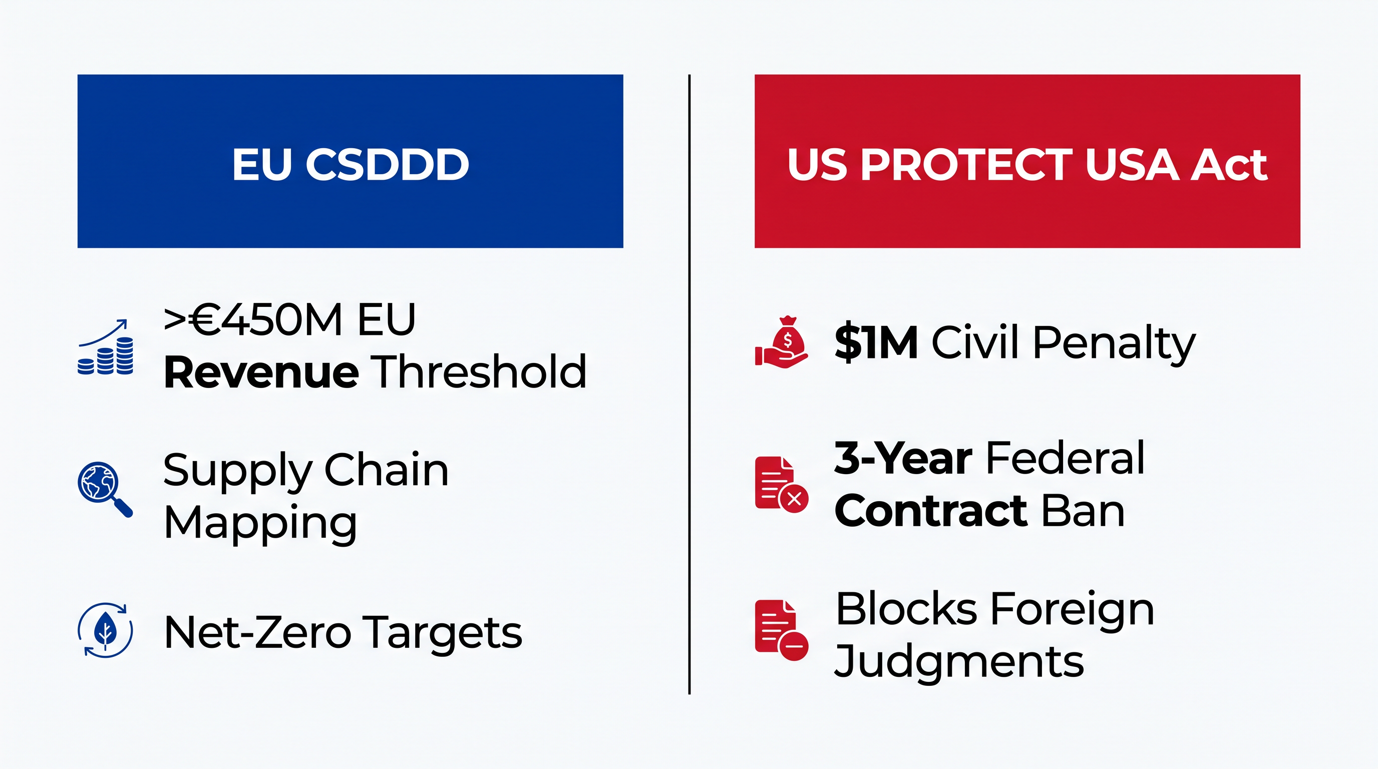 A side-by-side comparison of the conflicting transatlantic regulatory mandates.