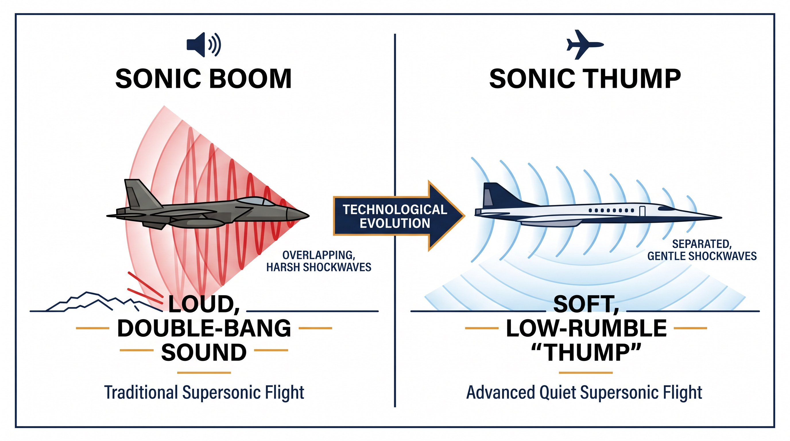 Aerodynamic shaping prevents shockwaves from merging, reducing a window-rattling boom to a gentle thump.