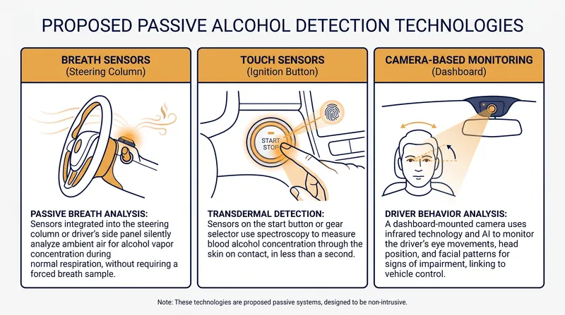 The three primary technological pathways being developed to meet the NHTSA passive detection mandate.