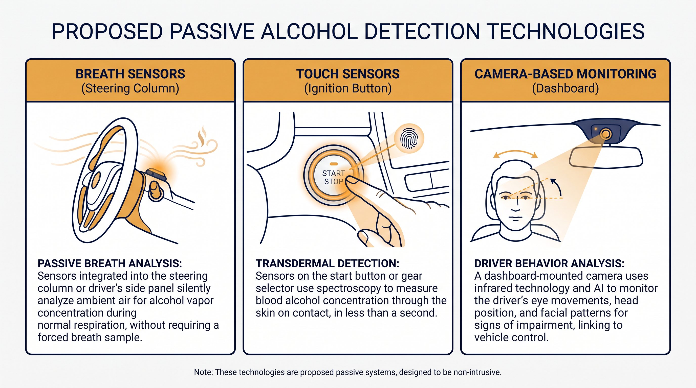 The three primary technological pathways being developed to meet the NHTSA passive detection mandate.