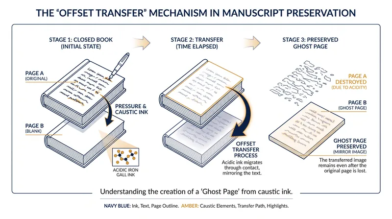 How caustic ink transferred a permanent, invisible mirror image onto facing pages centuries ago.
