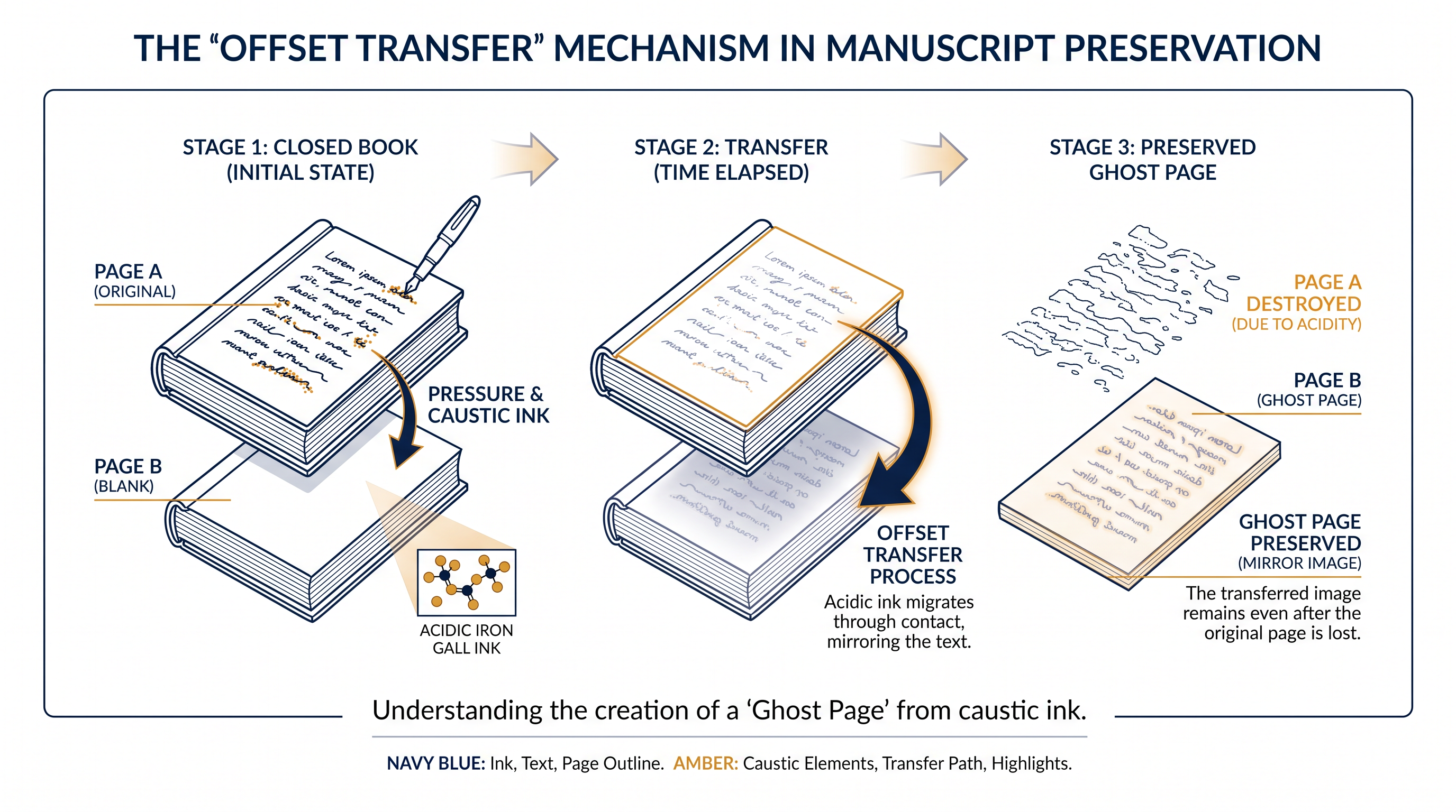 How caustic ink transferred a permanent, invisible mirror image onto facing pages centuries ago.