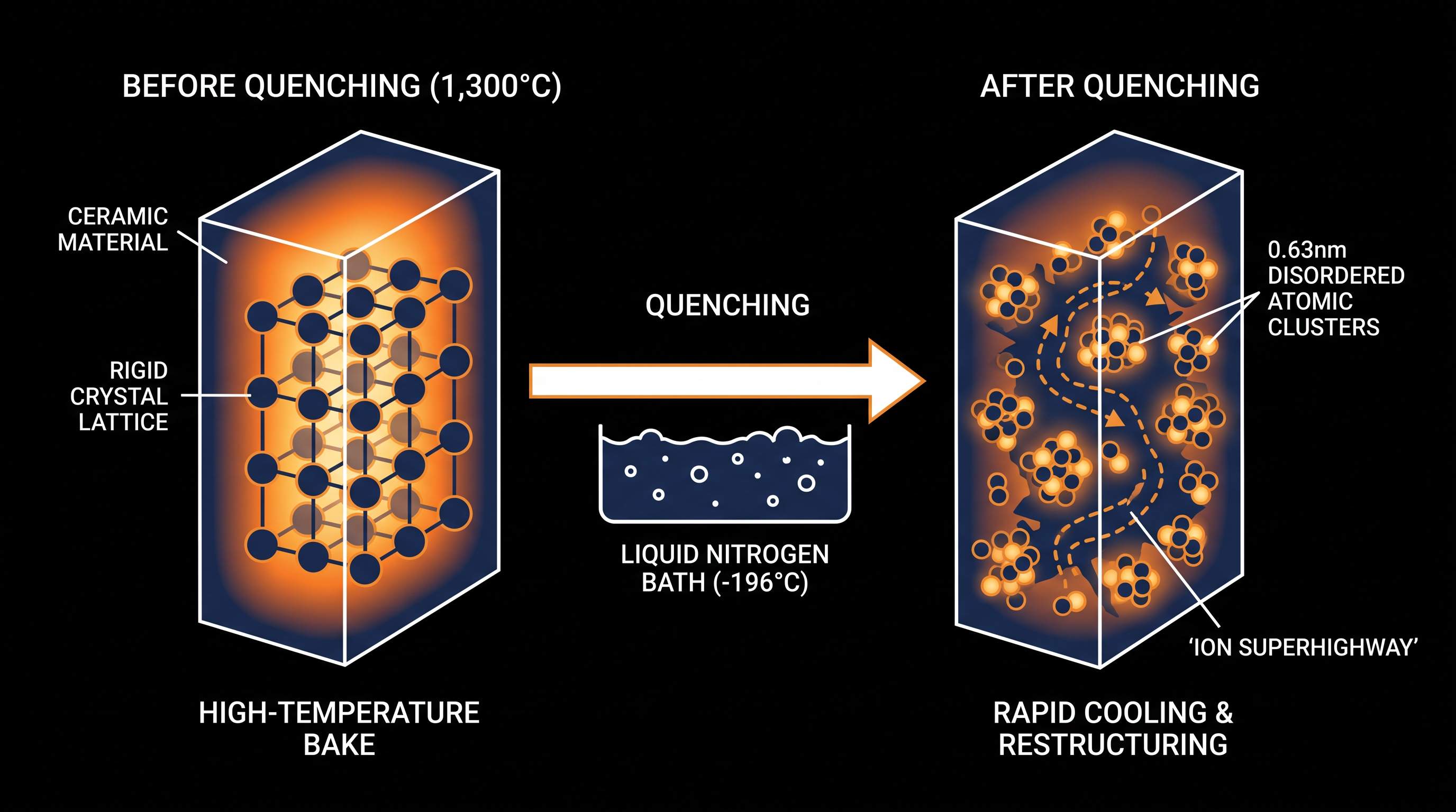 The thermal shock process shatters the rigid crystal lattice into microscopic, highly conductive clusters.