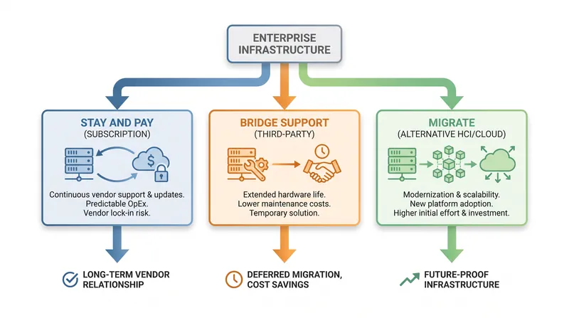 The three primary paths available to IT leaders facing the vSphere 8 end-of-support deadline.