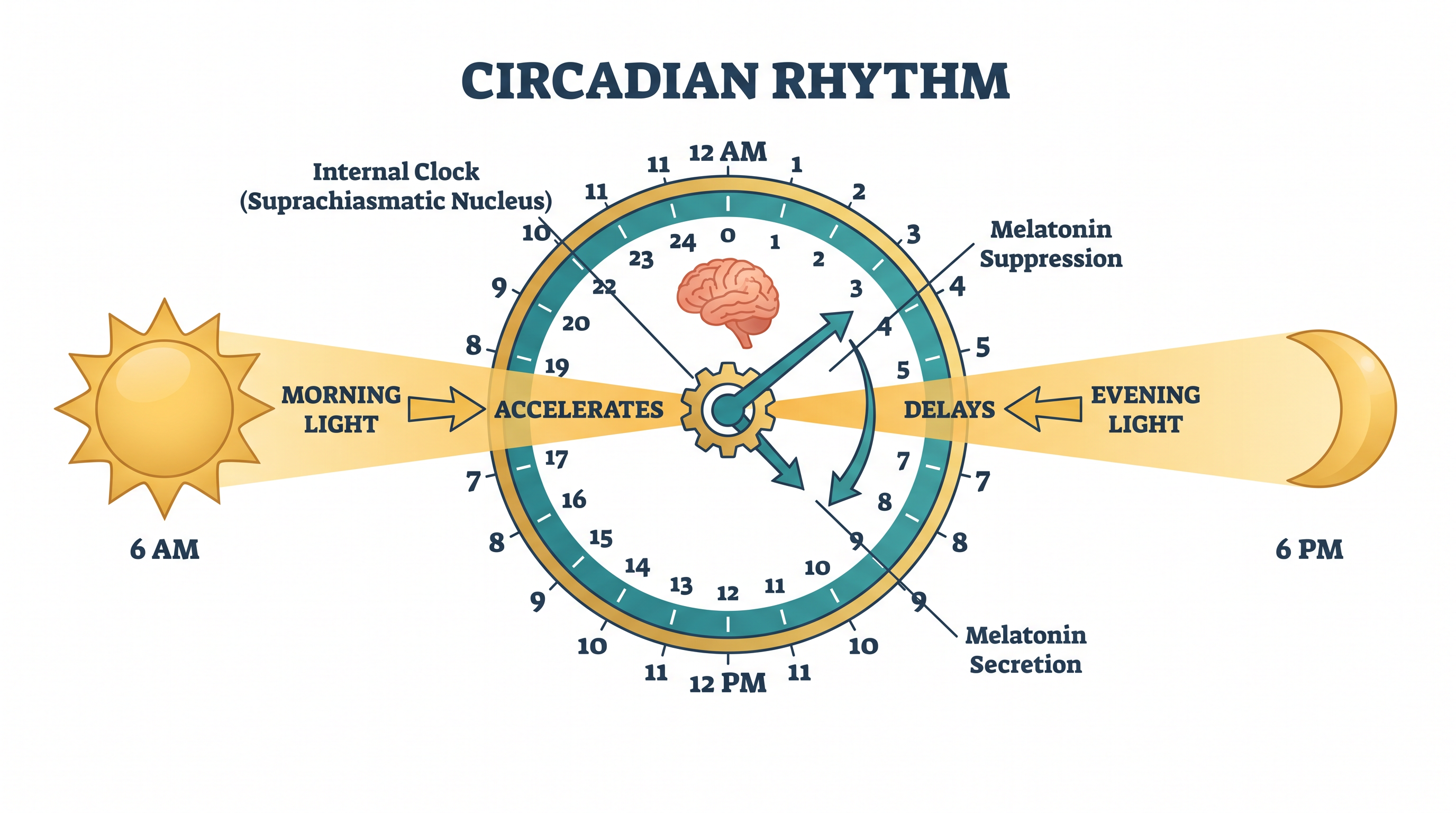 Because the innate human biological clock is slightly longer than 24 hours, it relies on morning light to reset and accelerate the cycle.