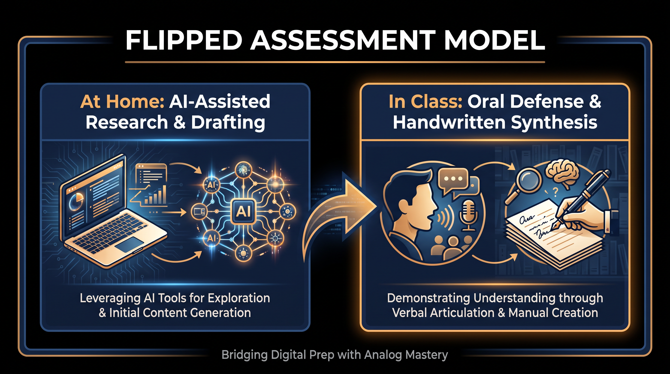 The new educational model separates AI-assisted preparation from human-verified application.