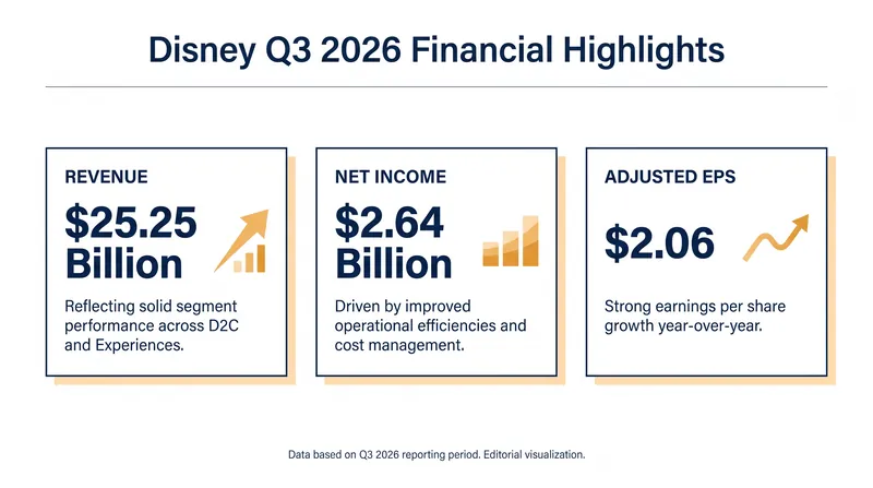 Disney's Q3 2026 financial highlights show strong revenue and adjusted earnings despite a drop in net income.