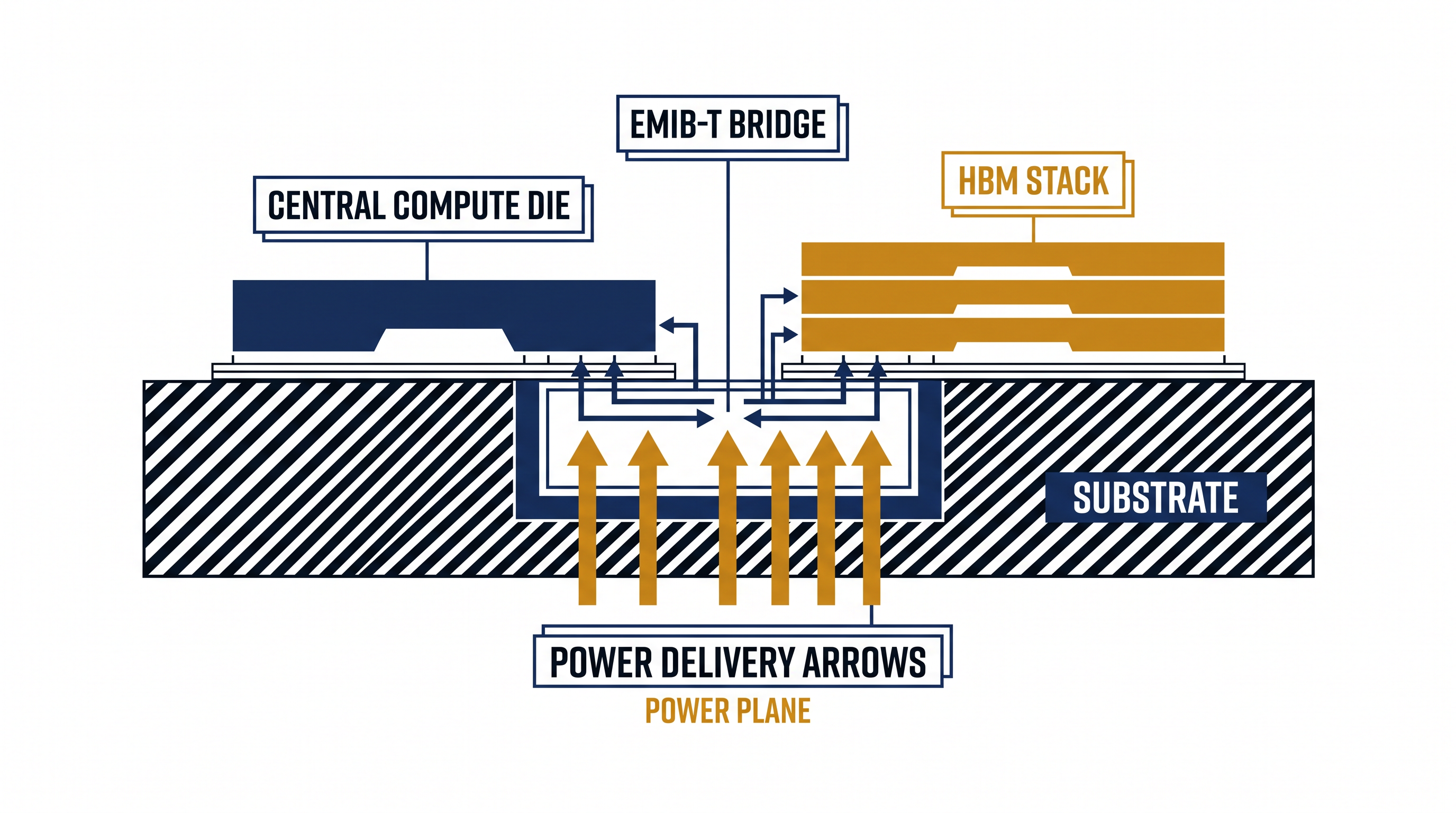 EMIB-T embeds tiny silicon bridges in the substrate for high-speed data transfer while routing power vertically to the chips.
