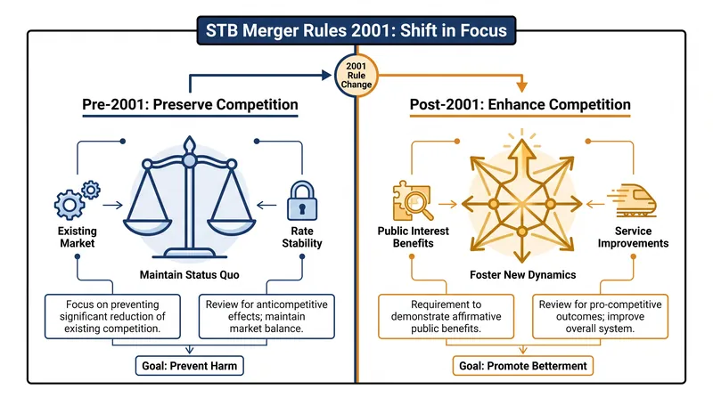 The STB's strict 2001 rules require merging railroads to prove they will actively improve market competition.