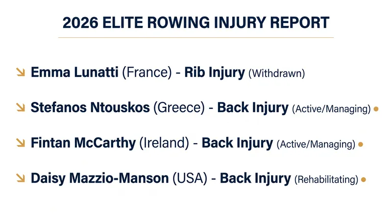 Status updates for key international rowers managing injuries ahead of the 2026 World Championships.