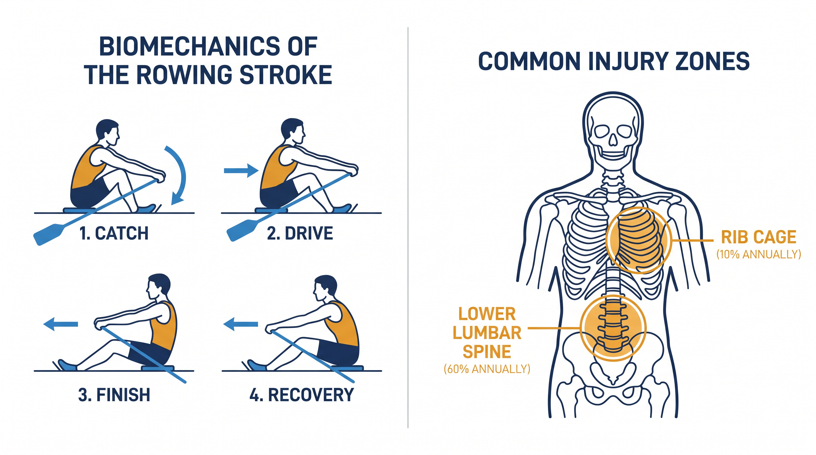The lower back and rib cage absorb the majority of the shear and compressive forces during the rowing drive.