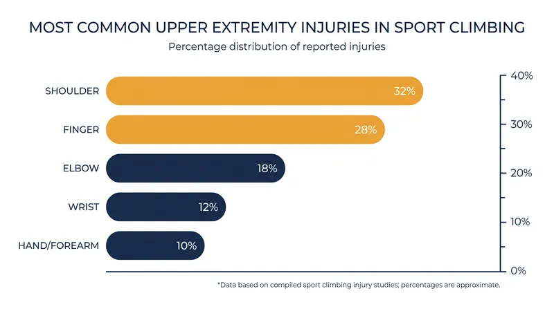 Upper extremity injuries, particularly to the shoulders and fingers, account for the vast majority of climbing-related trauma.