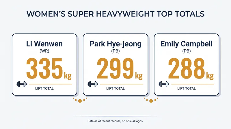 Personal best totals for the top three contenders in the +86kg division.