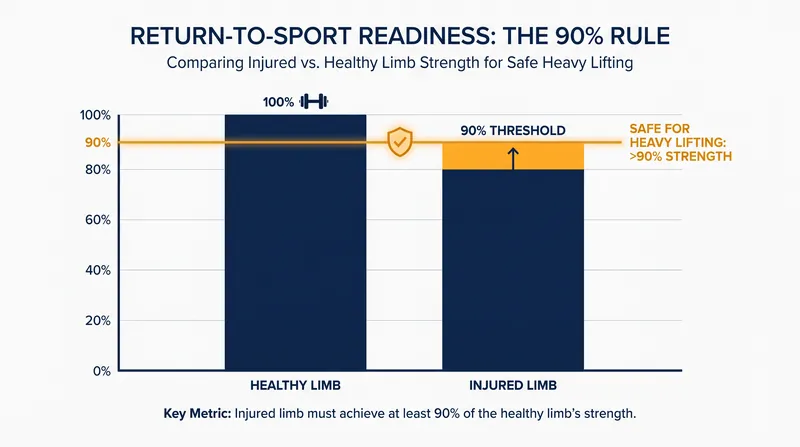 Sports medicine specialists require athletes to reach 90% limb symmetry before returning to heavy lifting.