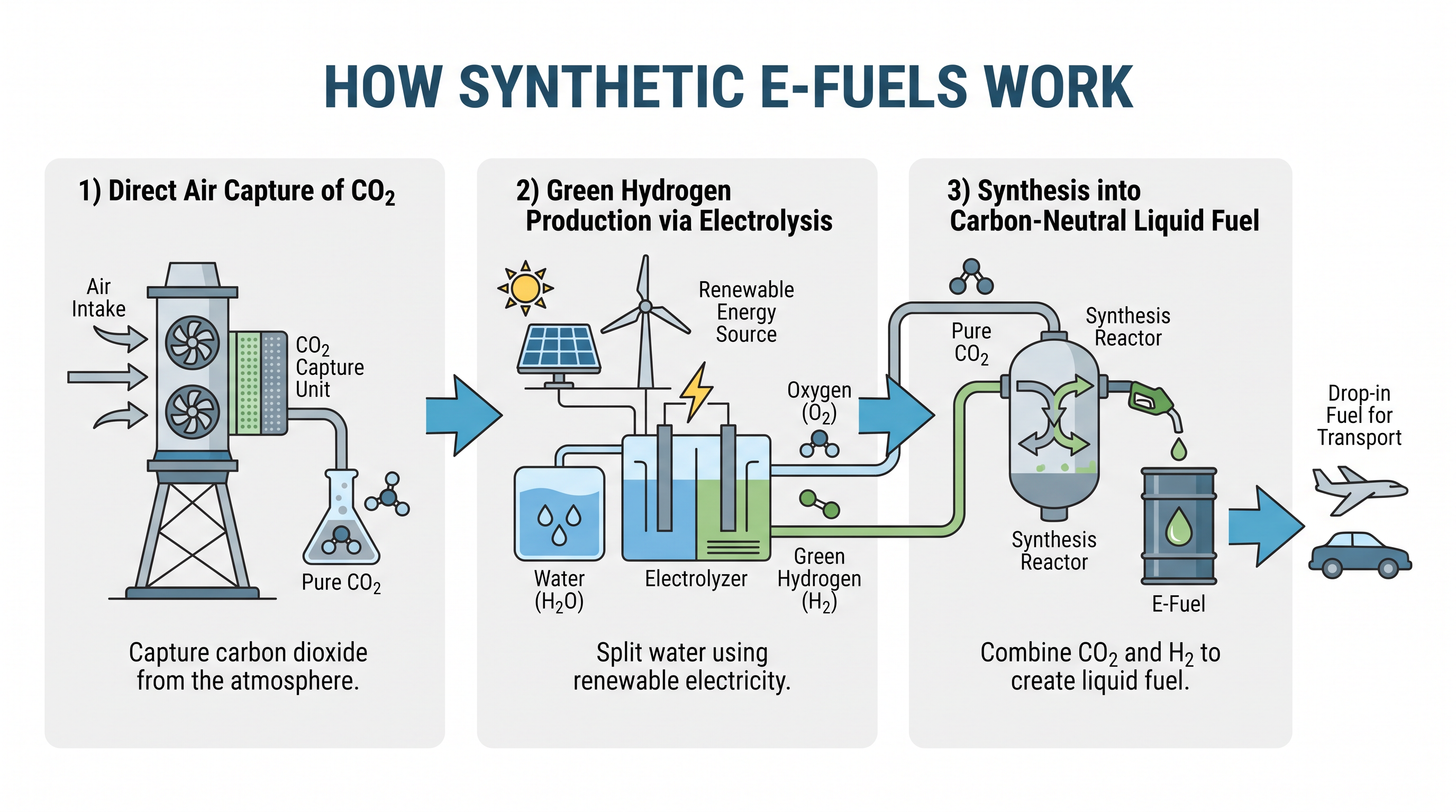Because e-fuels are made from captured atmospheric carbon, their lifecycle emissions are net-zero.