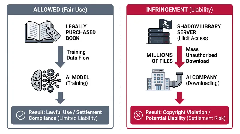 The court ruled that while AI training may be fair use, acquiring the data through pirated shadow libraries is copyright infringement.