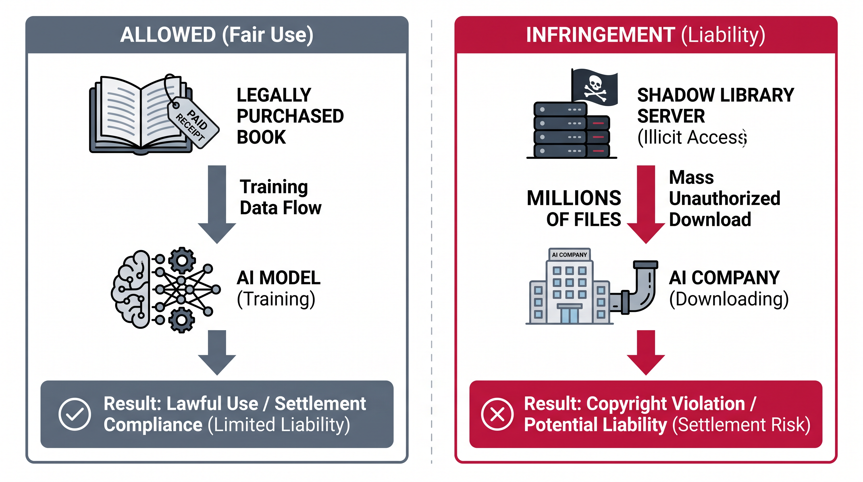 The court ruled that while AI training may be fair use, acquiring the data through pirated shadow libraries is copyright infringement.