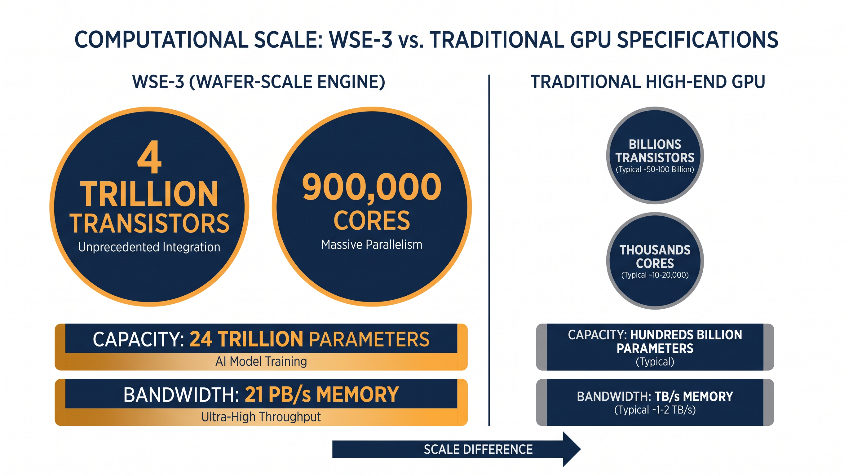 The WSE-3 houses 4 trillion transistors, delivering unprecedented memory bandwidth by keeping data on a single chip.