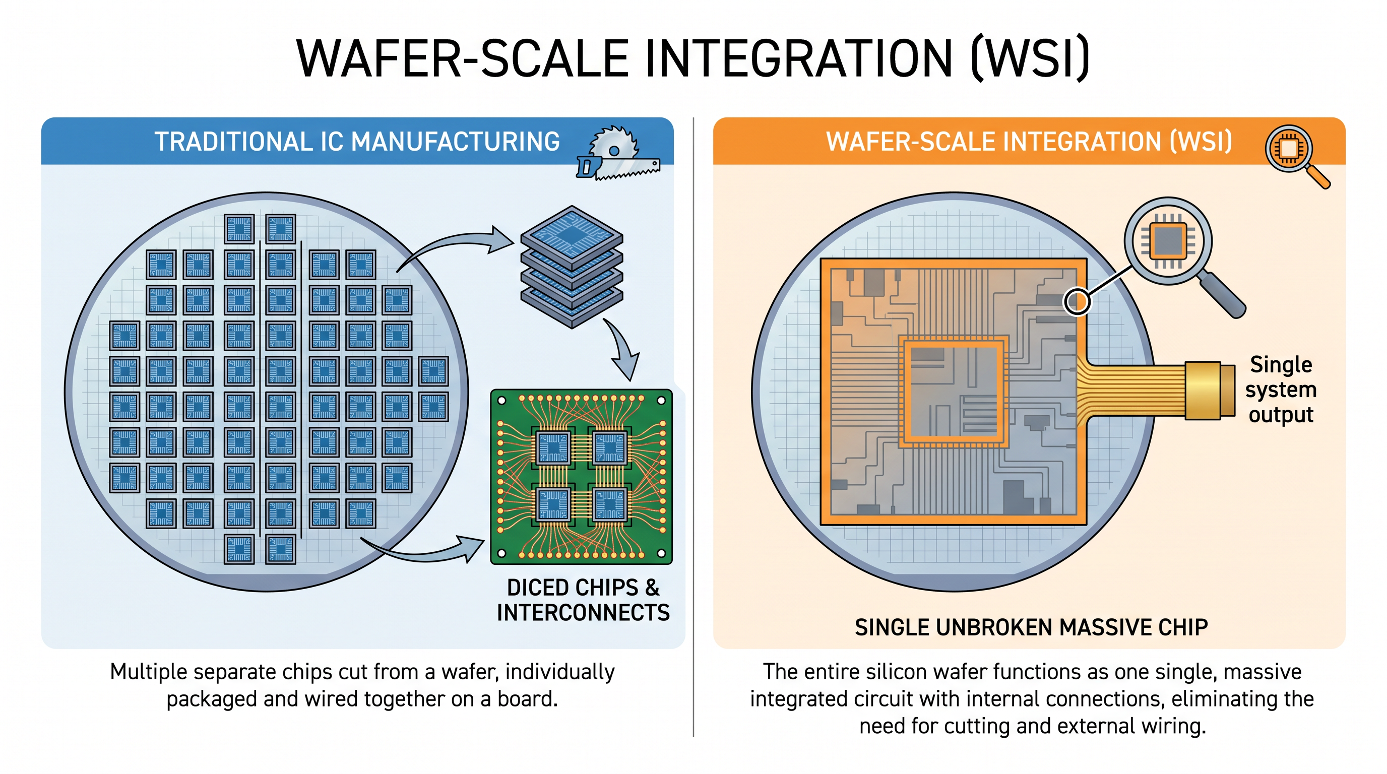Wafer-scale integration bypasses the traditional process of cutting a silicon wafer into smaller, individual chips.