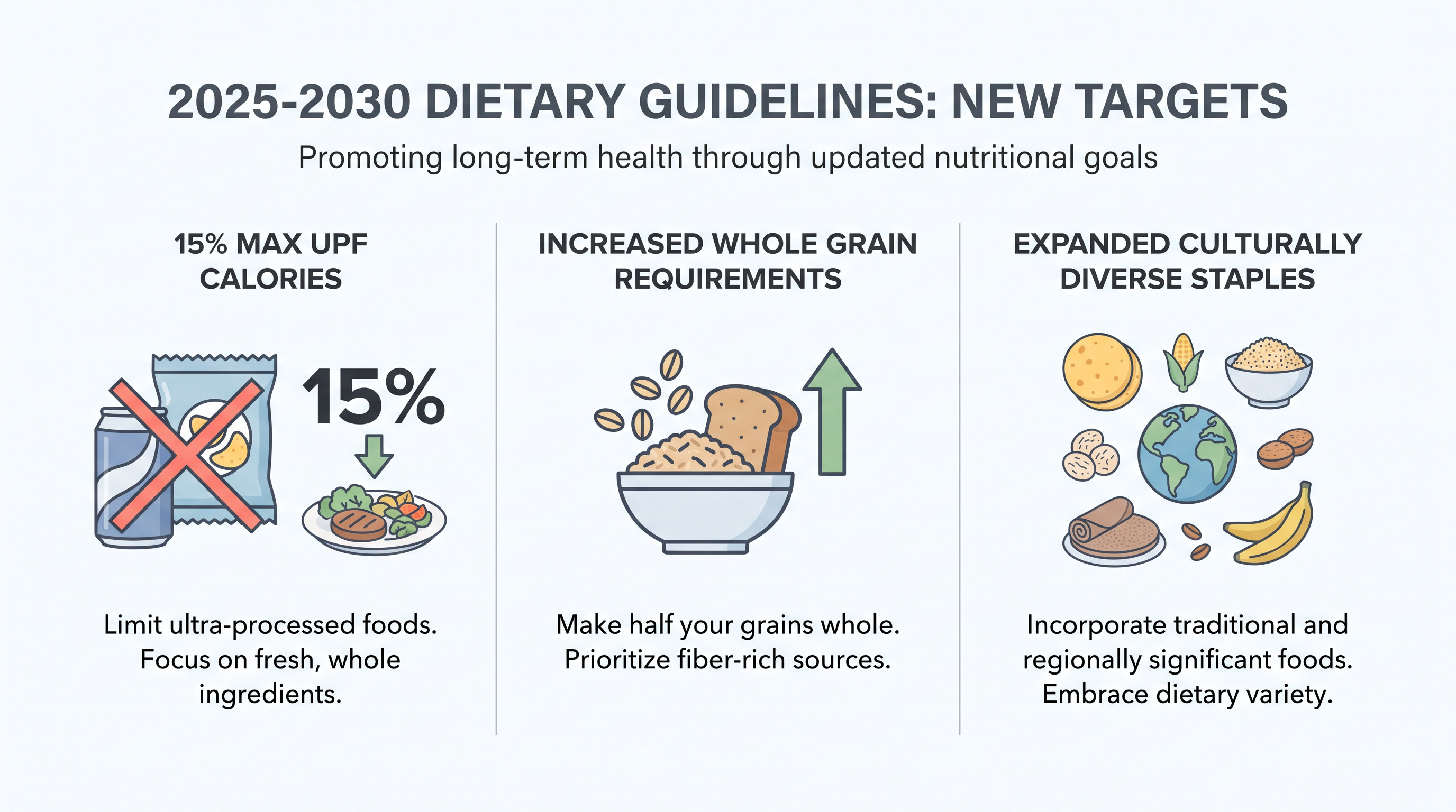 Key targets in the updated federal guidelines aim to drastically reduce the current 58% average caloric intake from ultra-processed sources.