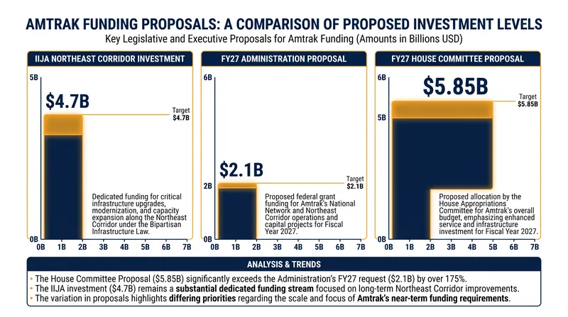A comparison of the secured infrastructure funding versus proposed future budgets for Amtrak.