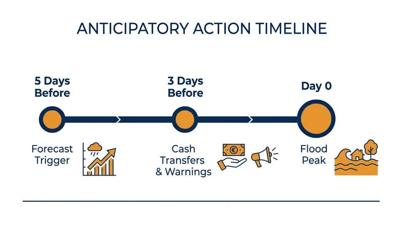 Anticipatory action protocols trigger financial and logistical support days before floodwaters arrive.