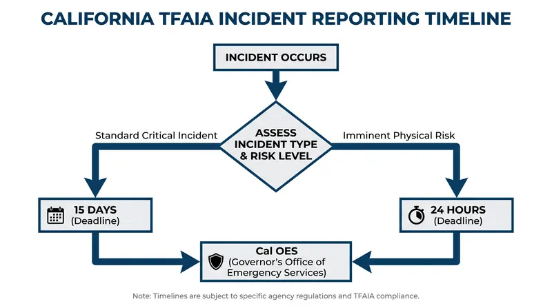 Frontier developers face strict statutory deadlines for reporting critical safety incidents to state authorities.