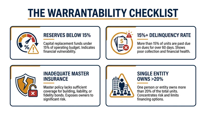 Failing any of these benchmarks can render an entire condo building ineligible for conventional financing.