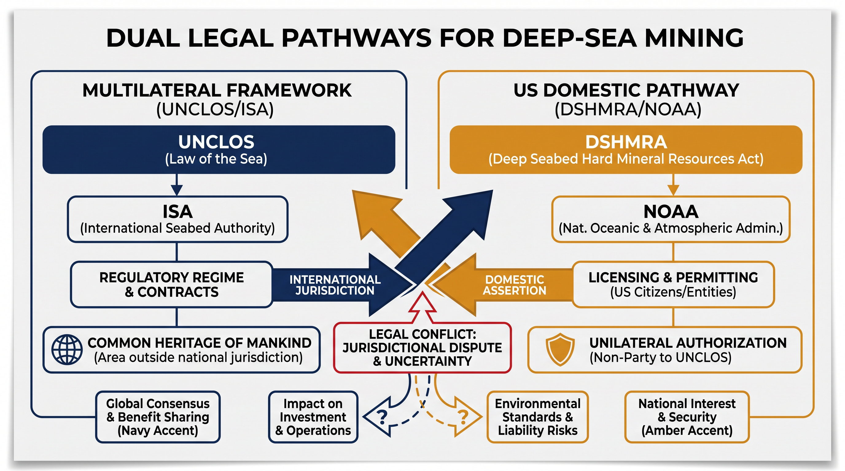The legal conflict centers on whether U.S. domestic law can authorize extraction in international waters governed by the UN.