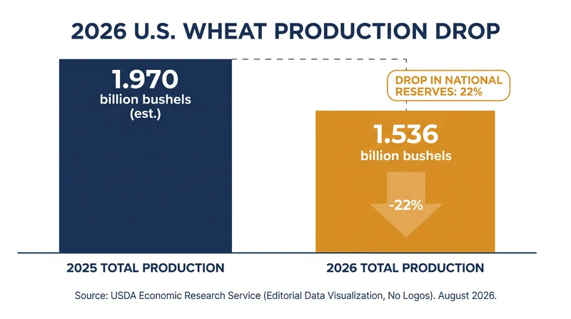 U.S. wheat production has hit its lowest level since 1970, slashing national reserves by 22%.
