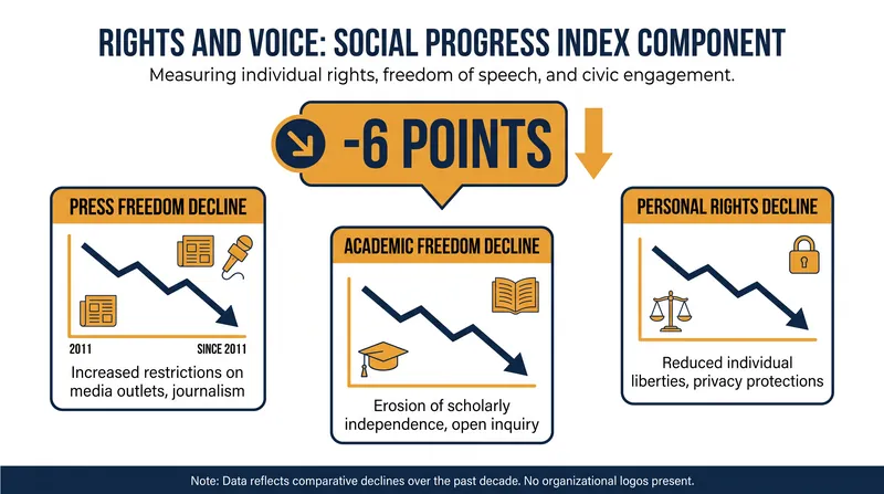 A global erosion of personal rights and political voice is the primary driver behind the broader decline in well-being.