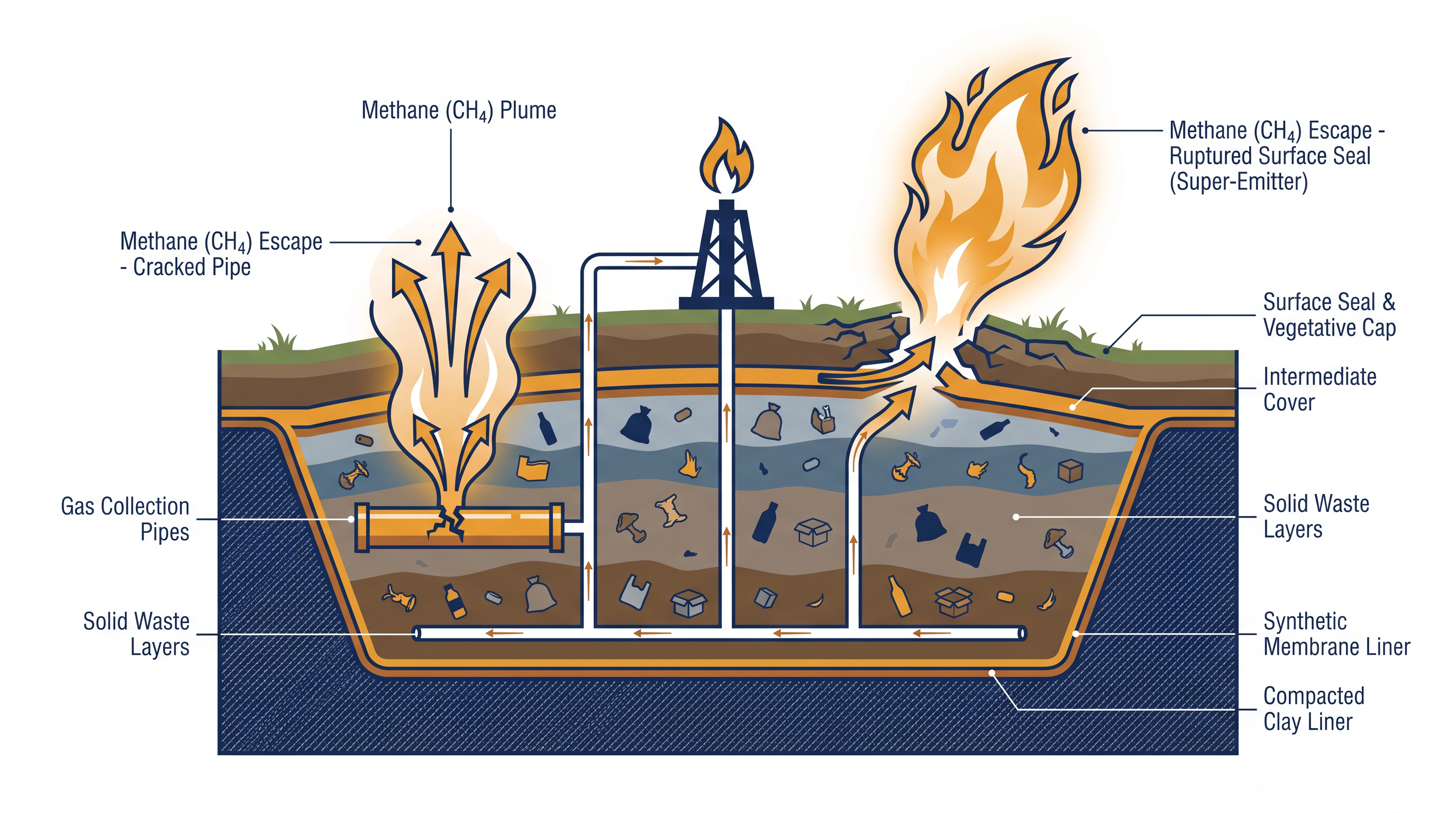 Most uncounted emissions come from concentrated 'super-emitter' point sources, such as cracked pipes or ruptured surface liners.