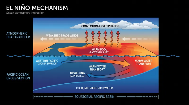 How El Niño works: Weakened trade winds allow warm western Pacific waters to shift east, releasing massive amounts of heat into the atmosphere.