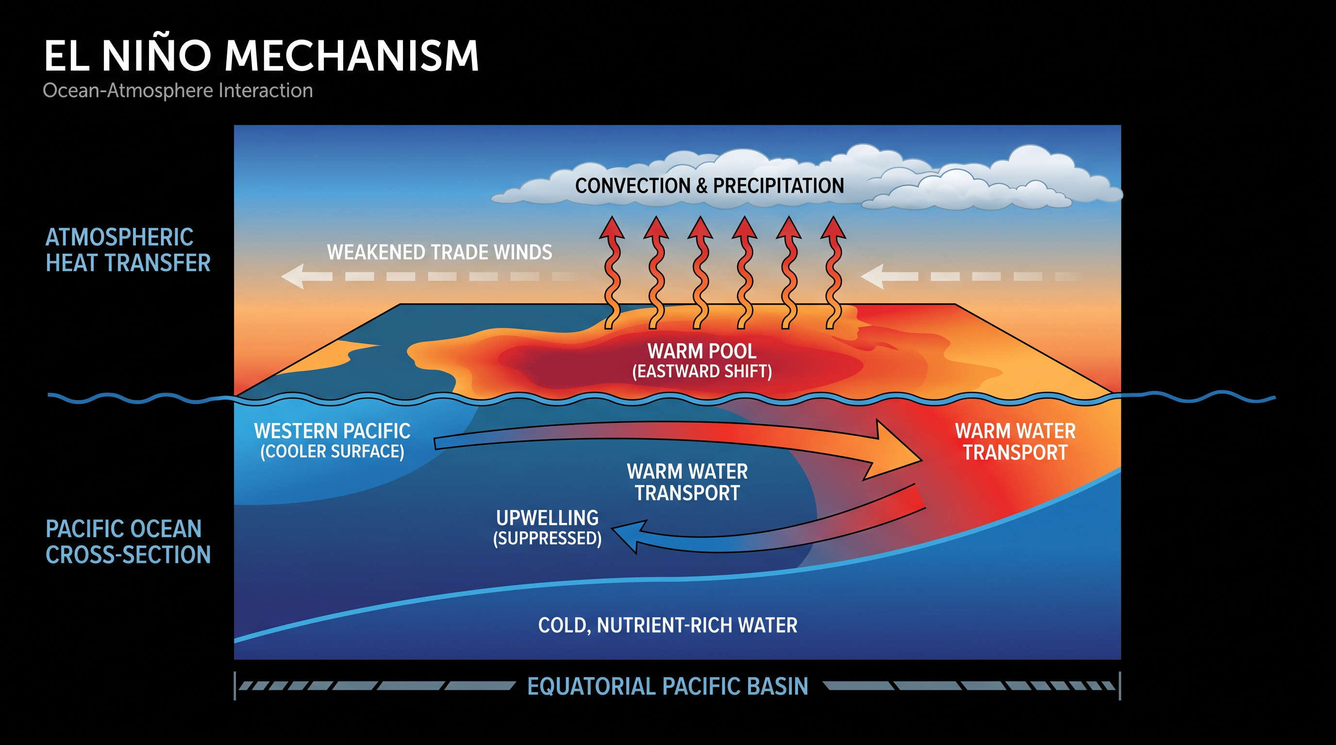 How El Niño works: Weakened trade winds allow warm western Pacific waters to shift east, releasing massive amounts of heat into the atmosphere.