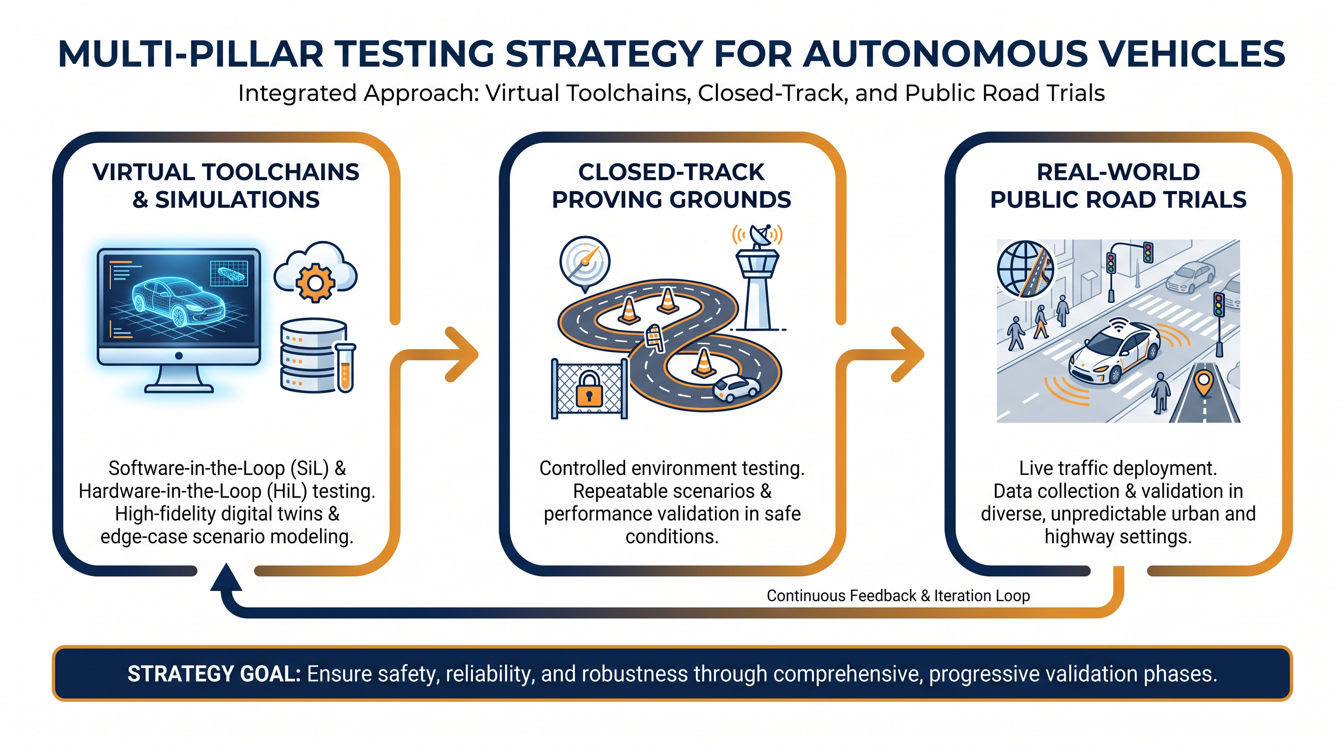 Automakers must prove safety through a multi-pillar testing approach before deployment.