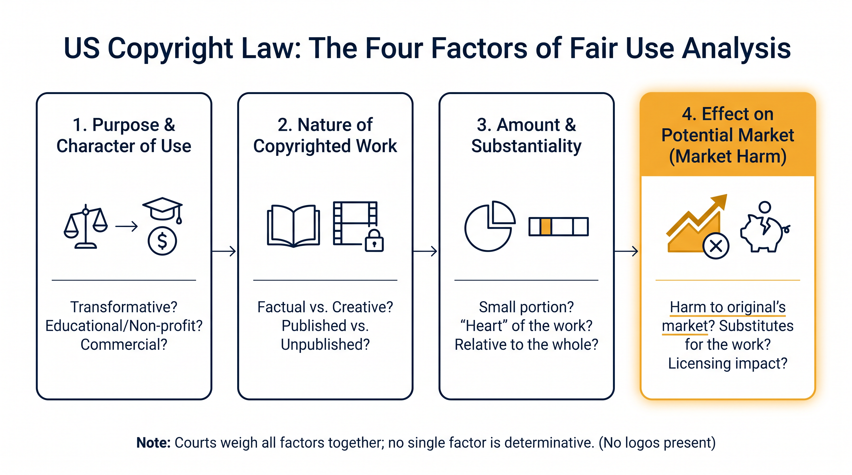 The four statutory factors judges use to determine if an unlicensed use of copyrighted material is legally permissible.