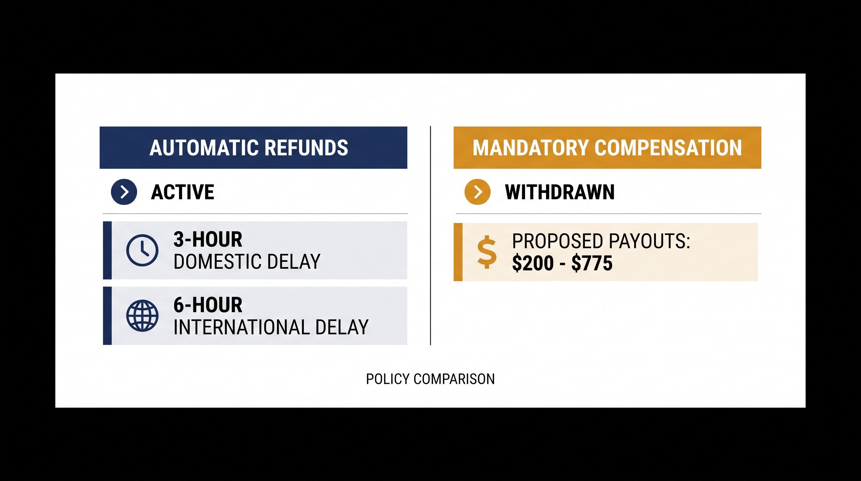 The DOT's two-track system guarantees refunds for significant changes, but not cash compensation for delays.