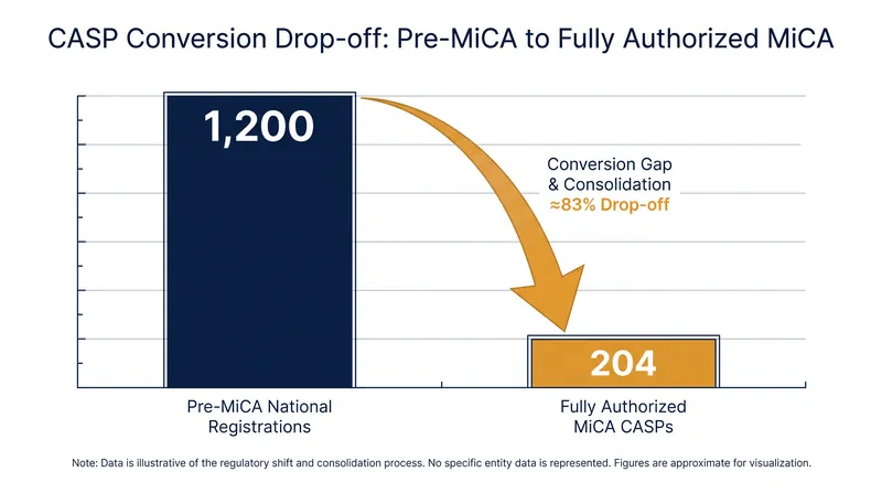 Only roughly 17% of legacy crypto providers successfully transitioned to full MiCA authorization by the deadline.
