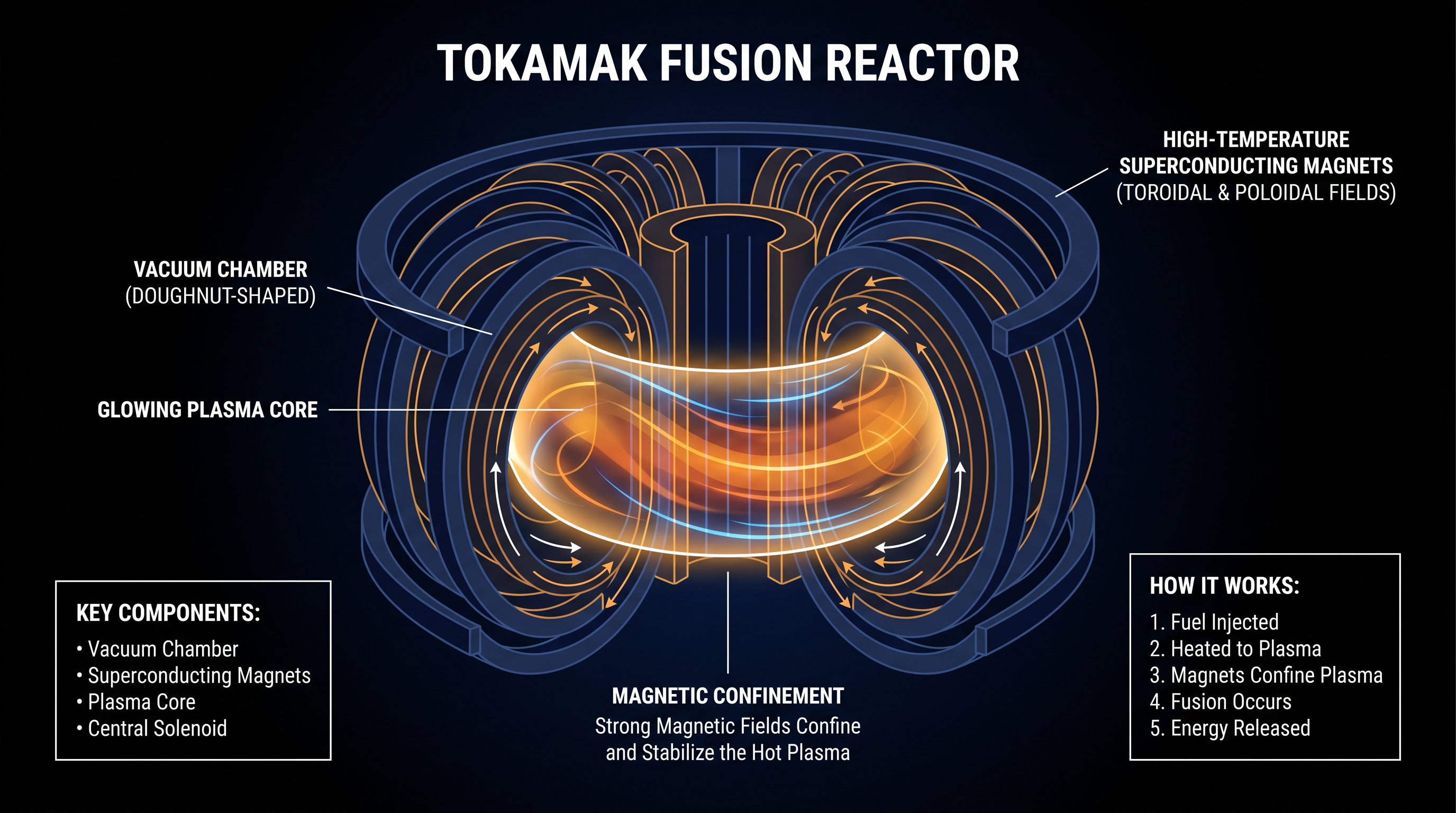 A tokamak uses powerful magnetic fields to confine superheated plasma, preventing it from touching the reactor walls.