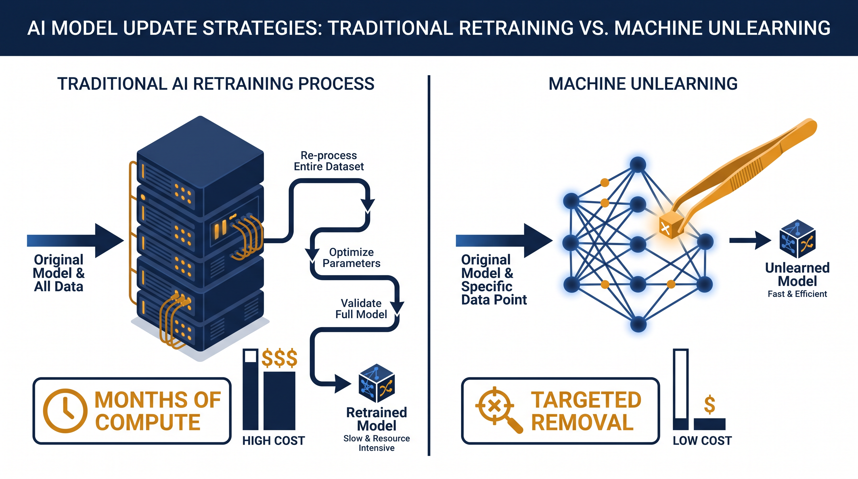 Retraining a frontier model from scratch can take months, making targeted unlearning a commercial necessity.