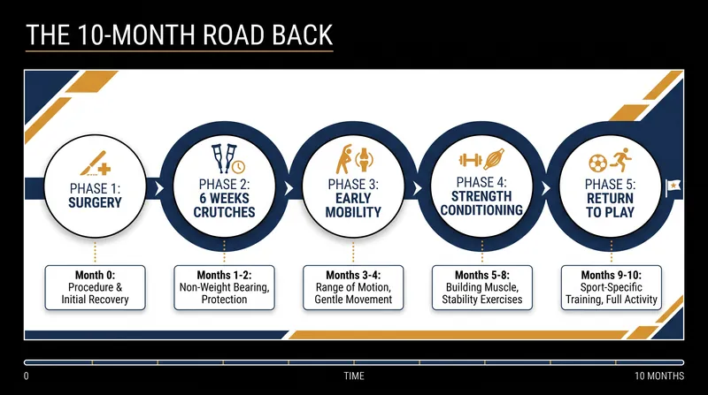 The standard timeline for an elite handball player recovering from a multi-ligament knee reconstruction.