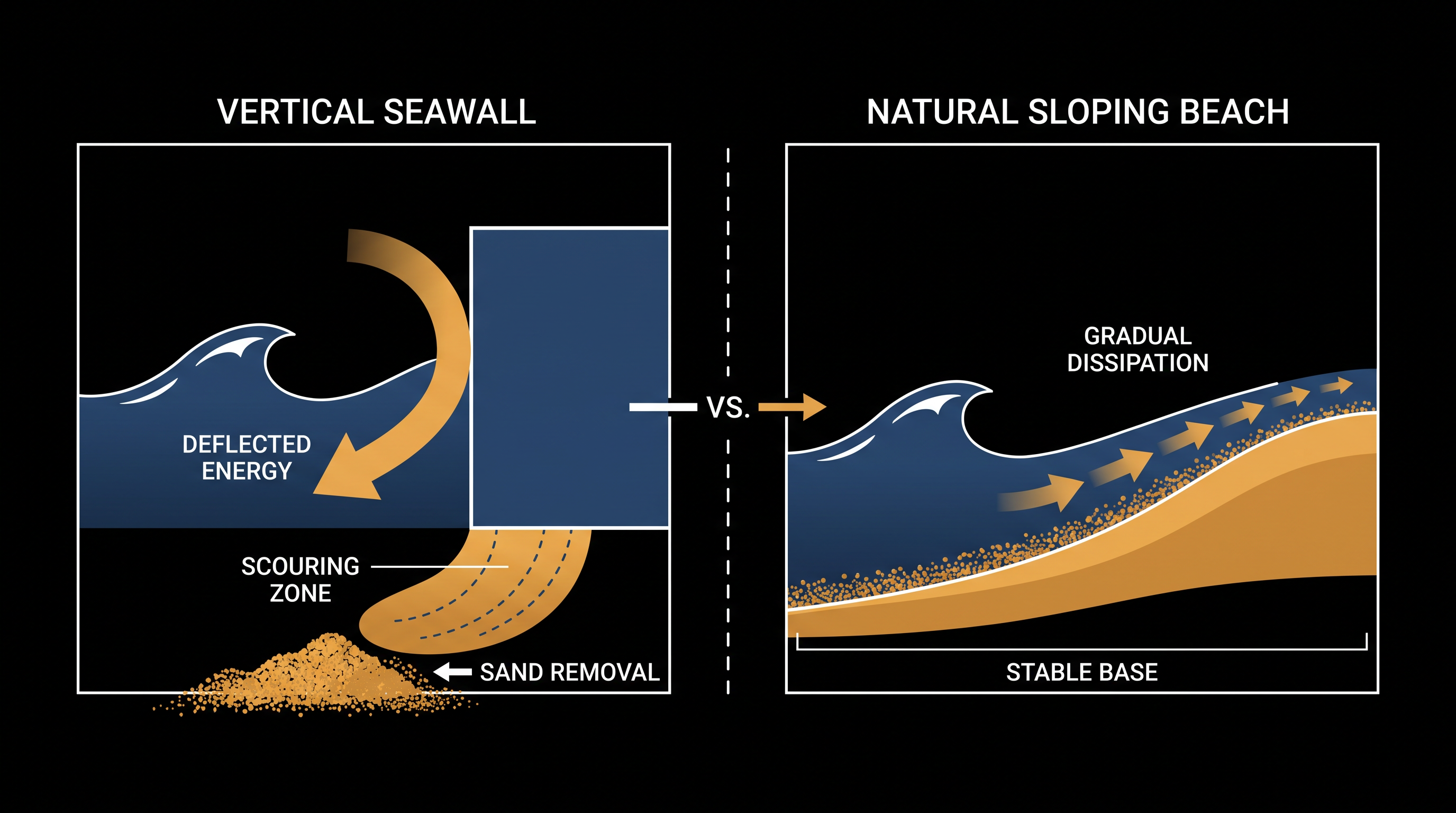 How hard armoring accelerates sand loss through downward wave deflection.