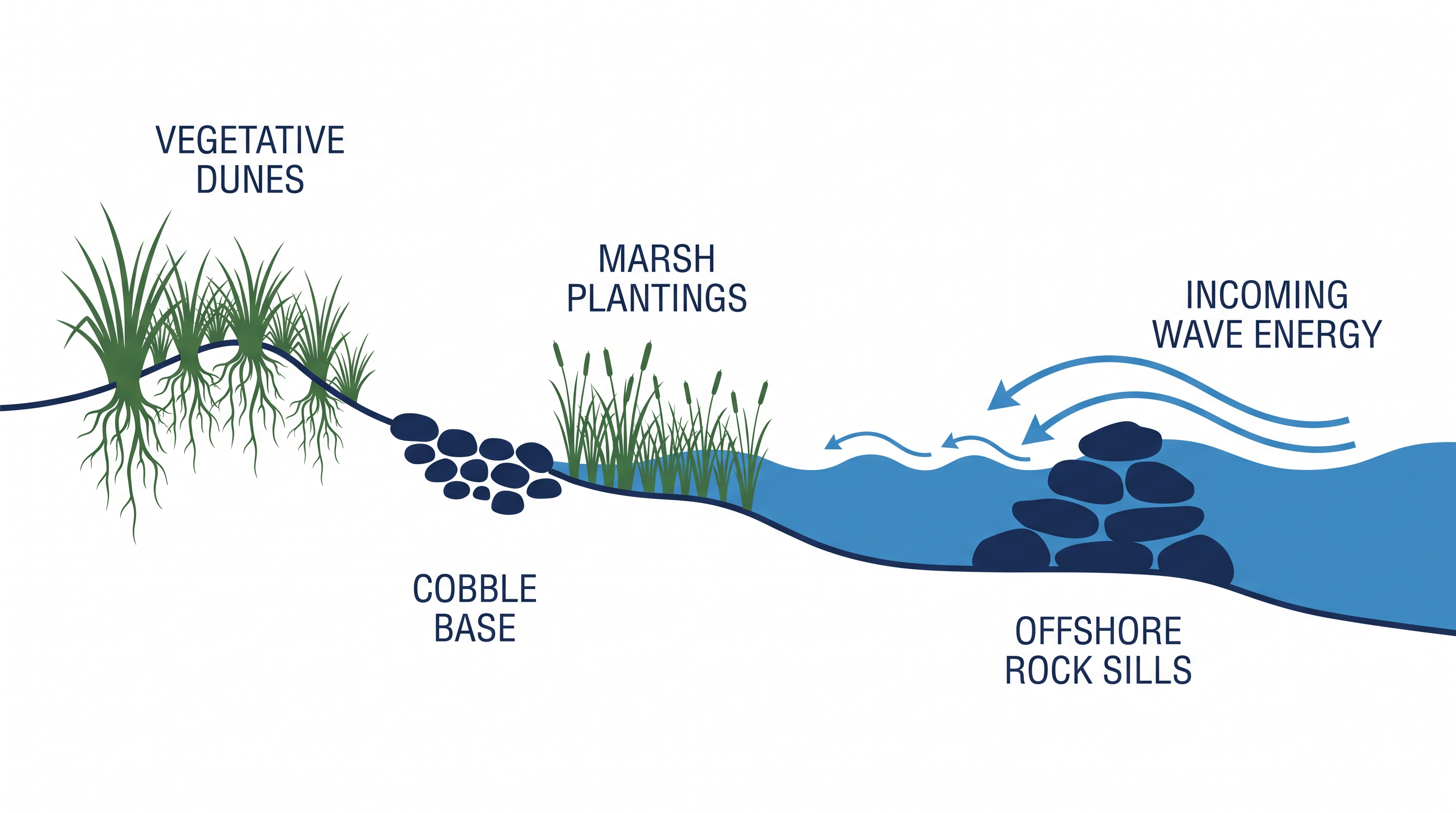 Living shorelines use natural elements to absorb wave energy and accrete sediment.