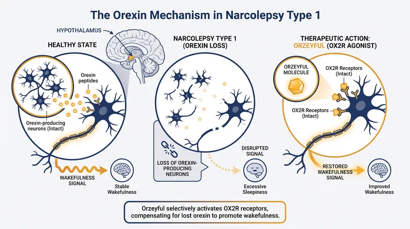 By binding to intact OX2R receptors, Orzeyful mimics the brain's missing orexin to stabilize the sleep-wake boundary.