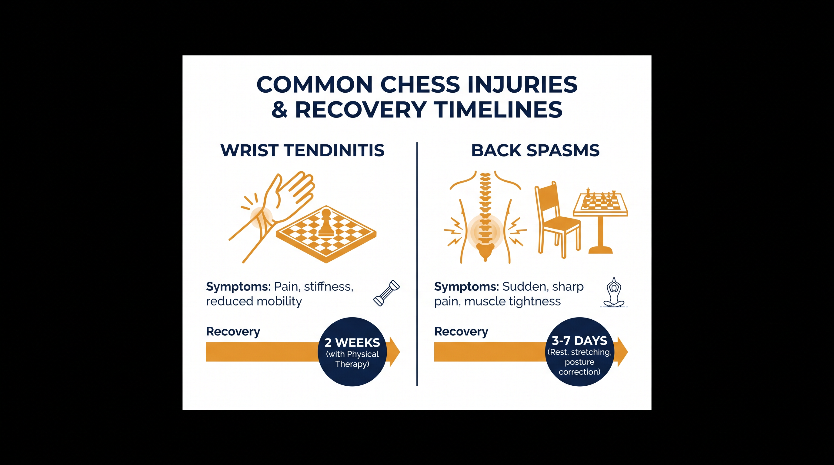 Common physical injuries in elite chess and typical rehabilitation timelines.