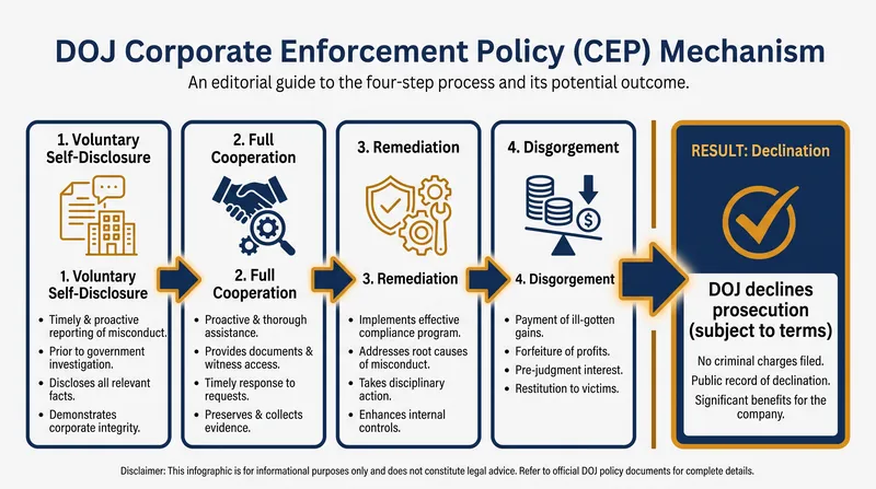 The four requirements a company must meet to earn a declination under the DOJ's Corporate Enforcement Policy.