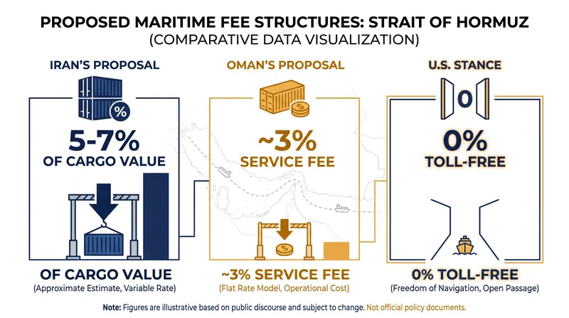 Iran and Oman differ on the scale and mandatory nature of the proposed maritime charges.